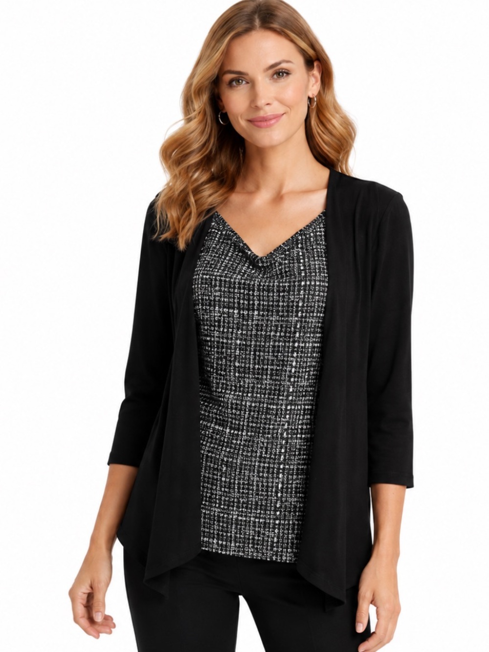 Rafaella Black White Faux Layered Open Front Work Top Medium
